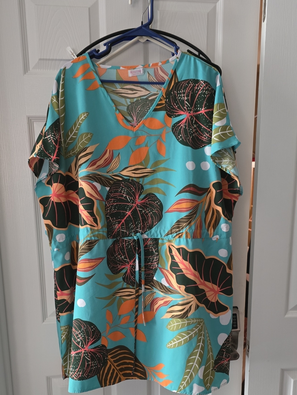 Tropical Print V-Neck Tunic/swim Cover in Aqua and Black